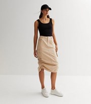 New Look Stone Denim Ruched Utility Midi Skirt